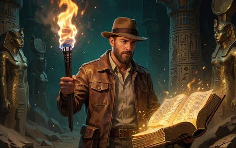 Abenteurer mit Fackel und goldenem Buch in einer Grabkammer als Vorschau auf Book of Dead von Play n GO