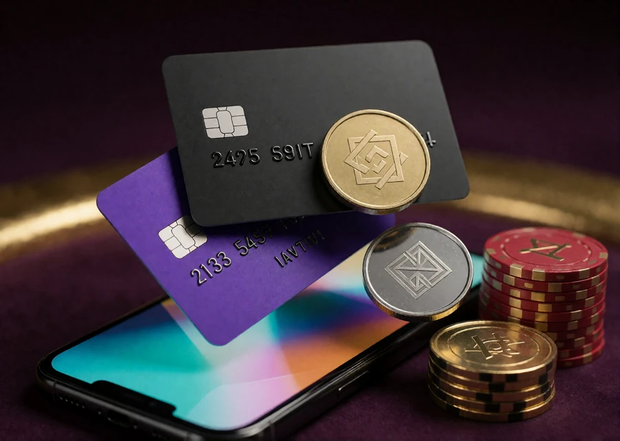 Zahlungskarten, Krypto-M&uuml;nzen und Chips als Motiv f&uuml;r Einzahlung und Auszahlung im Online Casino