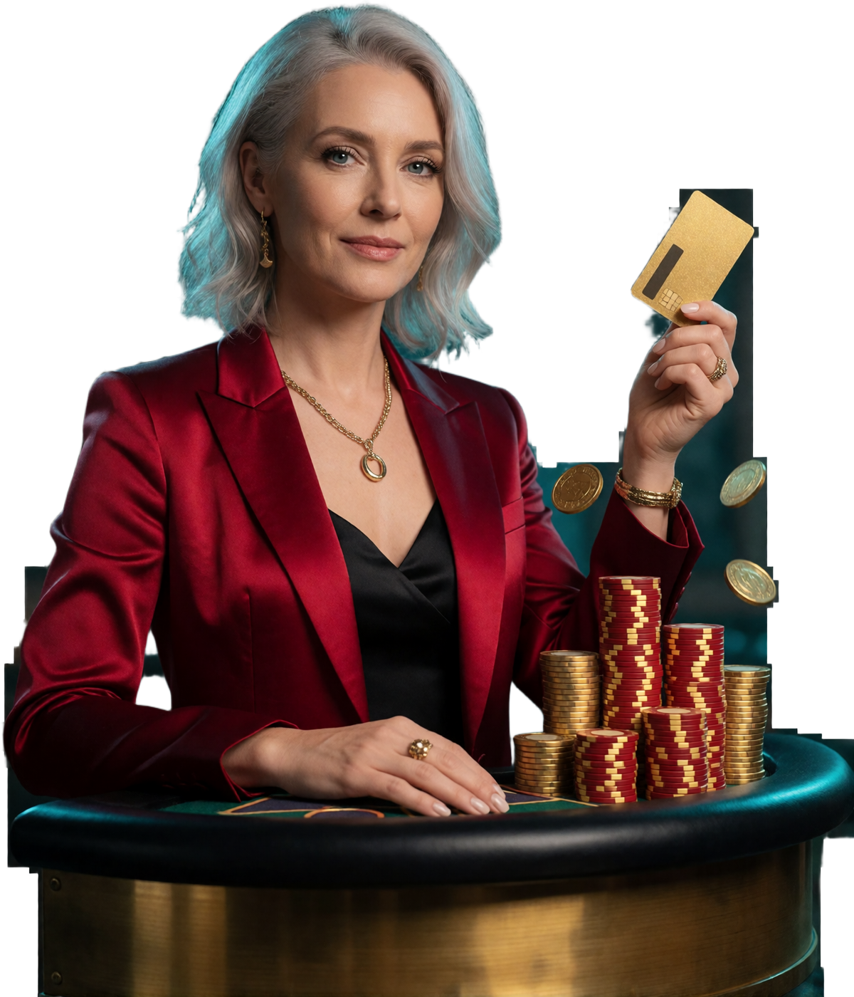 Model am Cashier-Tresen mit Chips und Karte als Motiv f&uuml;r Einzahlung und Auszahlung bei V.Vegas