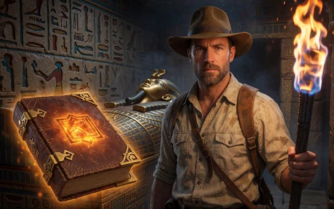 Abenteurer mit Fackel und goldenem Buch in einer Grabkammer als Motiv f&uuml;r Book of Dead