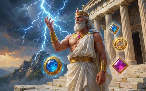 Griechischer Donnergott mit Blitzen und Gems als Slot-Vorschau f&uuml;r Gates of Olympus im V.Vegas Casino
