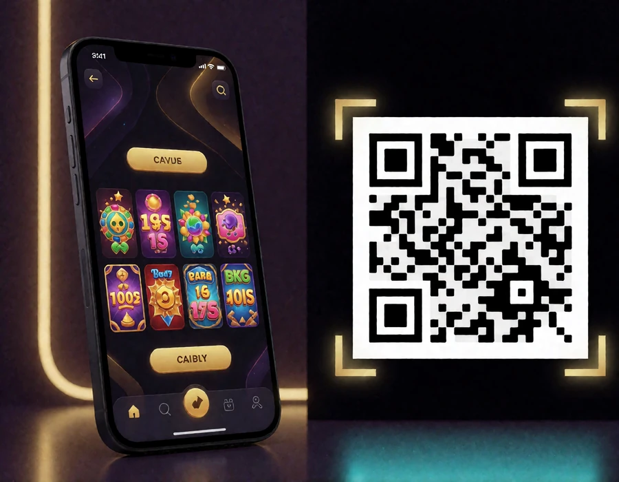 Smartphone mit Casino-App-Oberfl&auml;che neben einem QR-Code-Feld zum Download der V.Vegas App