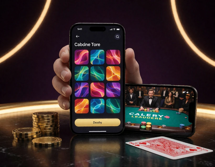 Smartphones mit Casino-App-Lobby und Live-Dealer-Stream neben Chips und Spielkarte