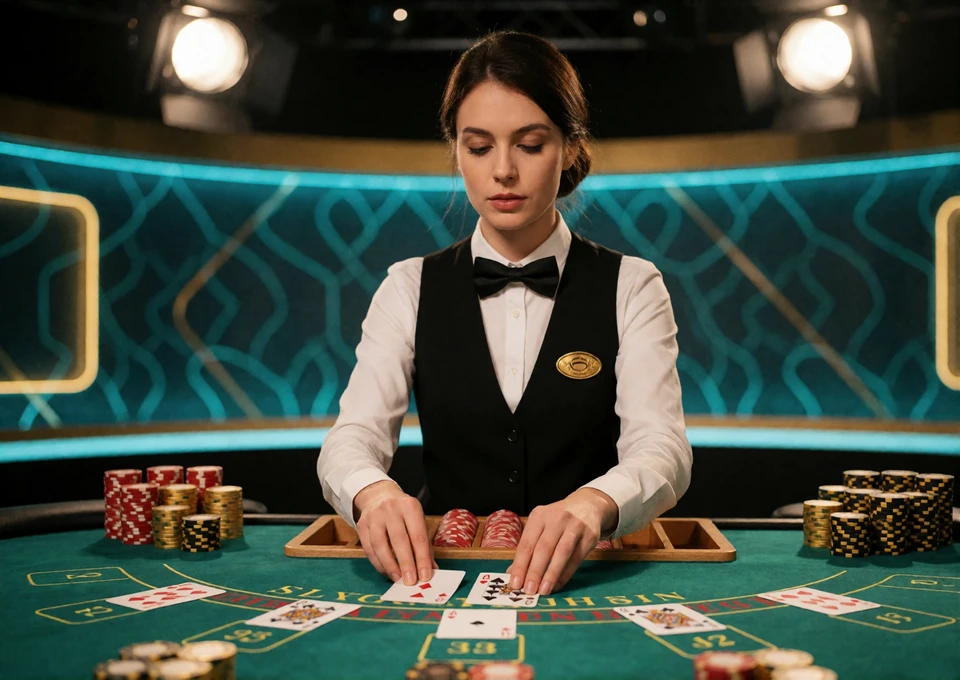Live-Dealerin am Blackjack-Tisch mit Kartenschlitten und Chipstapeln im Streaming-Studio