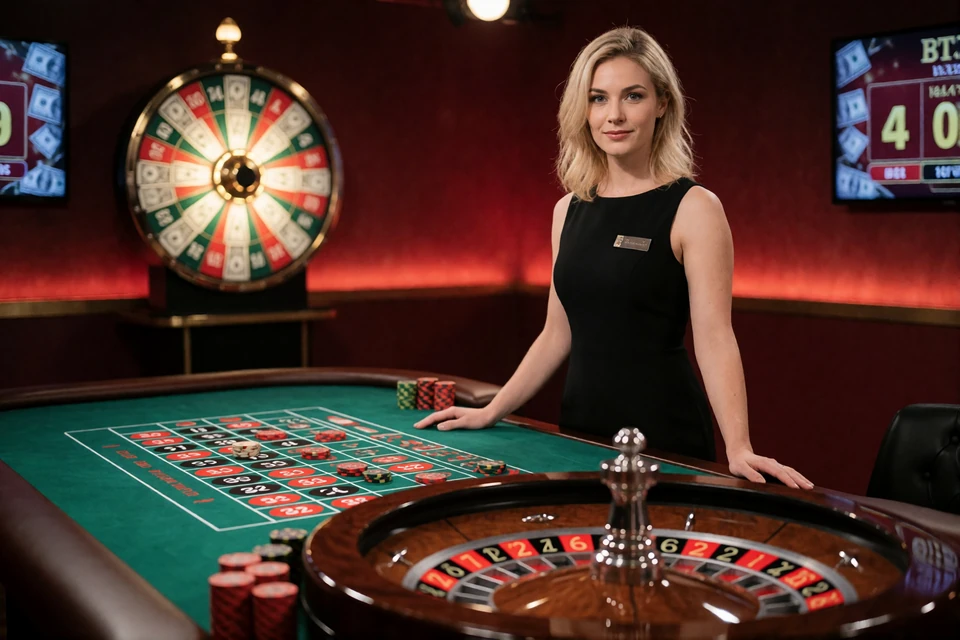 Live-Dealerin am Roulettetisch mit Kessel und Chips im Studio des V.Vegas Live Casinos