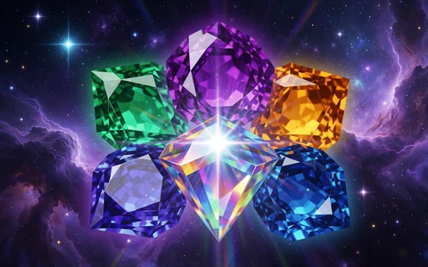 Kosmisches Edelstein-Motiv mit leuchtendem Sternenblitz als Vorschau auf den NetEnt-Slot Starburst