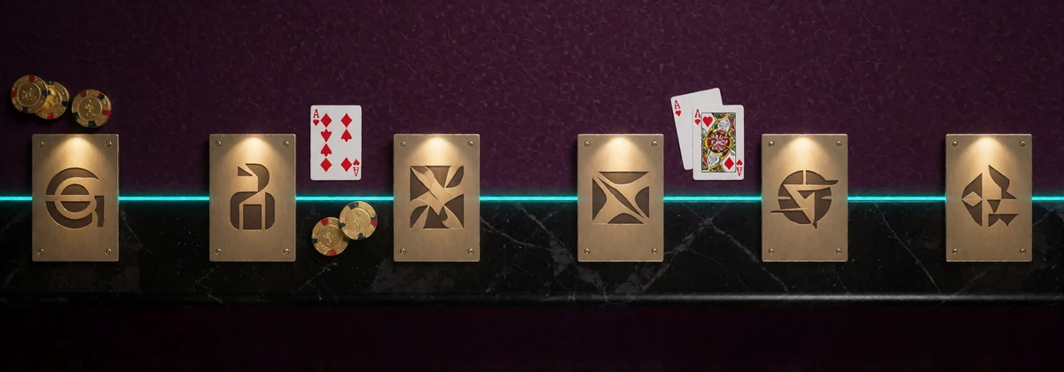 Reihe beleuchteter Metallplaketten als Symbol f&uuml;r die Softwareanbieter hinter den Casino Spielen bei V.Vegas