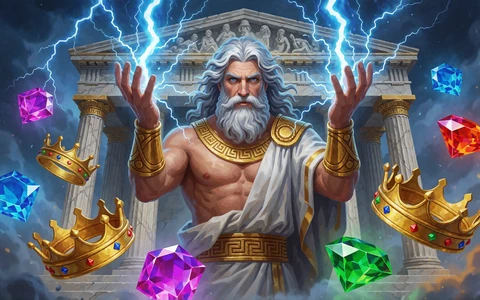 Griechischer Donnergott mit Blitzen und Gems als Slot-Motiv f&uuml;r Gates of Olympus