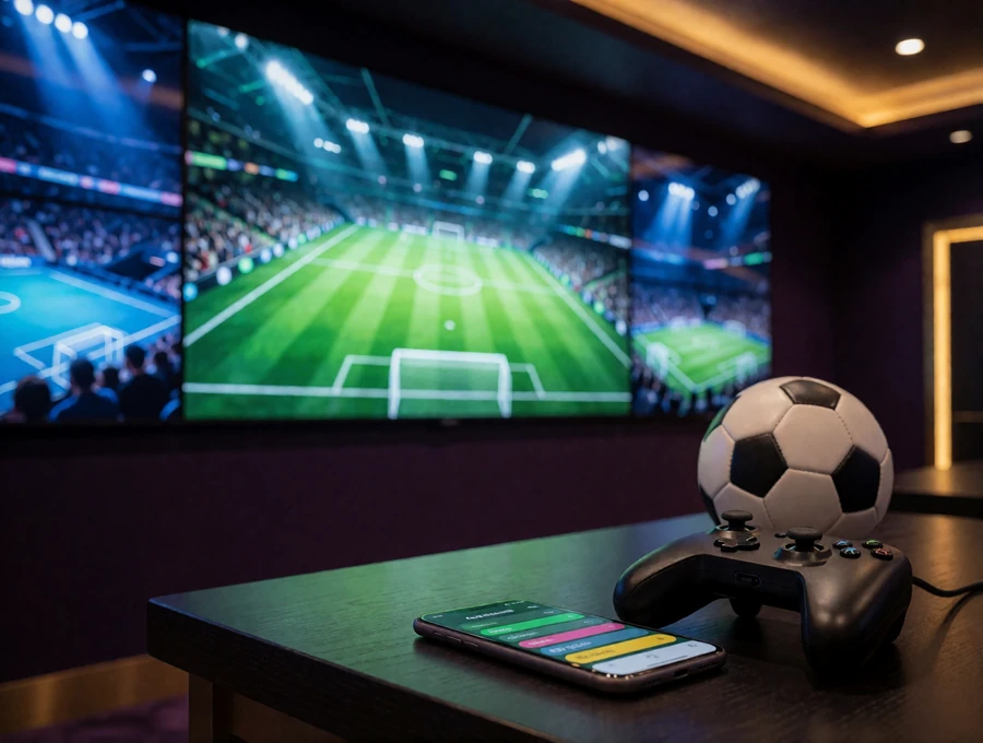 Sportwetten-Lounge mit Bildschirmwand, Smartphone, Fu&szlig;ball und Controller f&uuml;r Sport- und eSports-Wetten